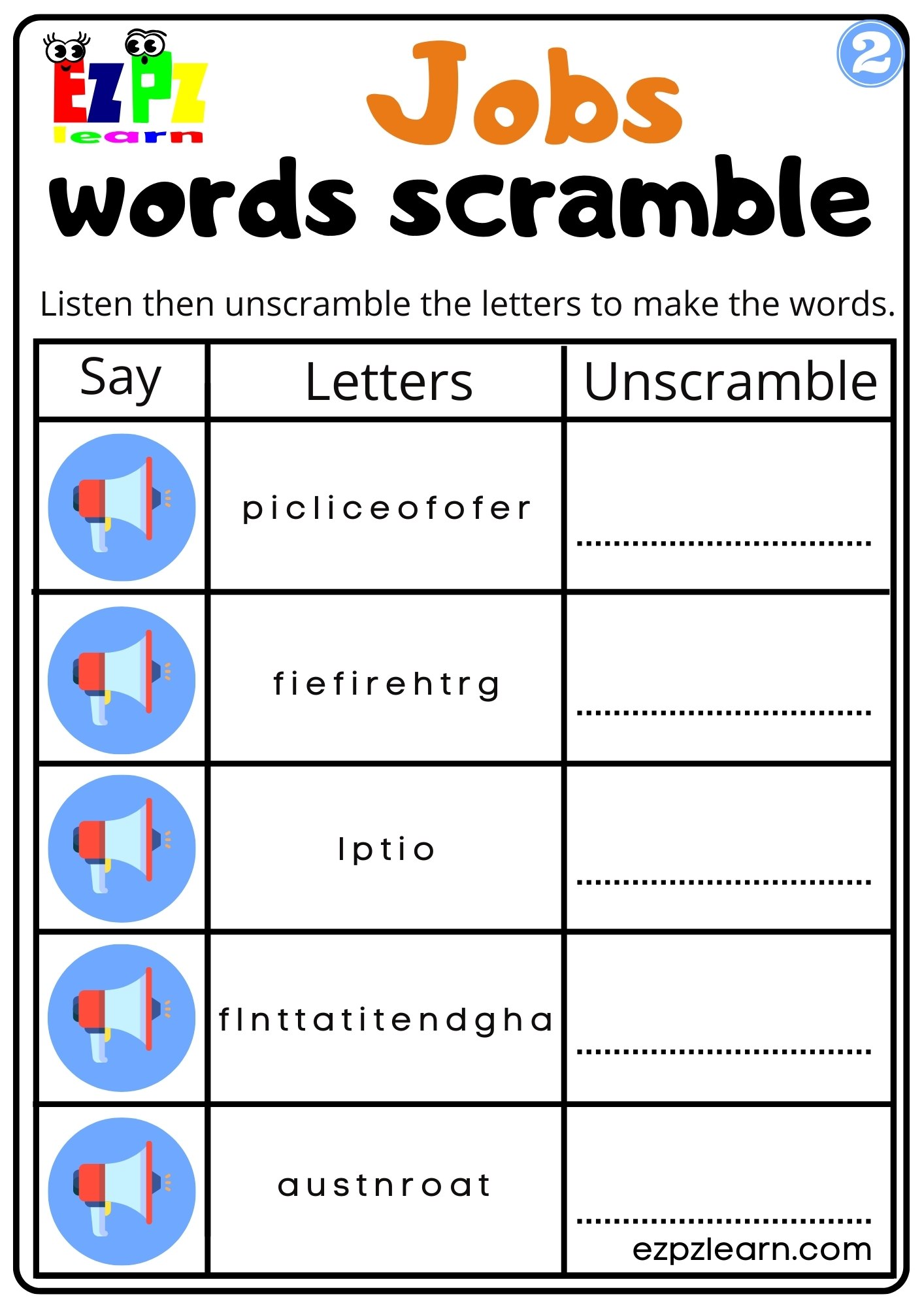 Jobs Vocabulary Interactive Worksheet Listen, Unscramble and Write the Words Activity for Kids, K5 and ESL Students G2